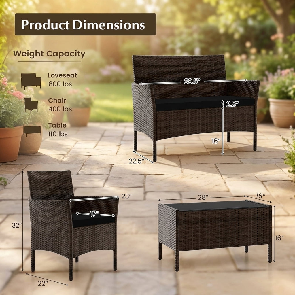 Biotree 4-Piece Patio Rattan Conversation Set with Cushions-Black