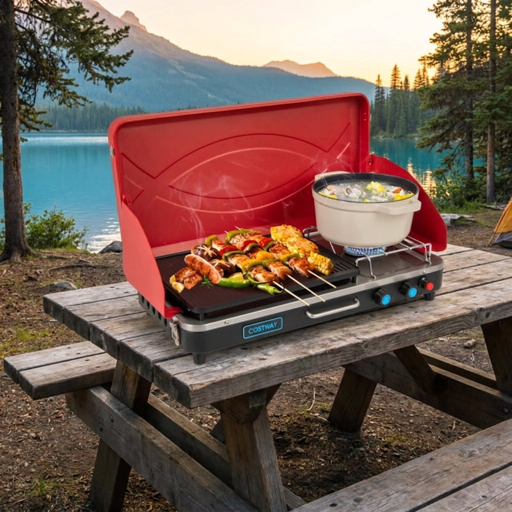 Biotree 2-in-1 Gas Camping Grill and Stove with 4 Detachable Legs for Outdoor Camping Backyard Patio Cooking, Red
