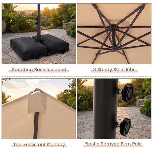 Biotree 10 Feet Cantilever Umbrella with 32 LED Lights and Solar Panel Batteries-Beige Outdoor Backyard