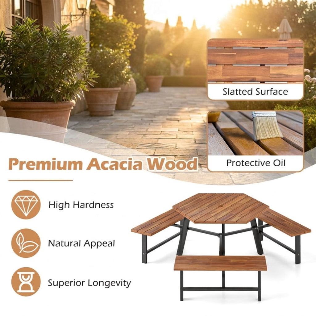 Biotree 75-Inch 6 Person Acacia Wood Picnic Table Bench Set with 3 Seats with 1.97" Umbrella Hole, Black