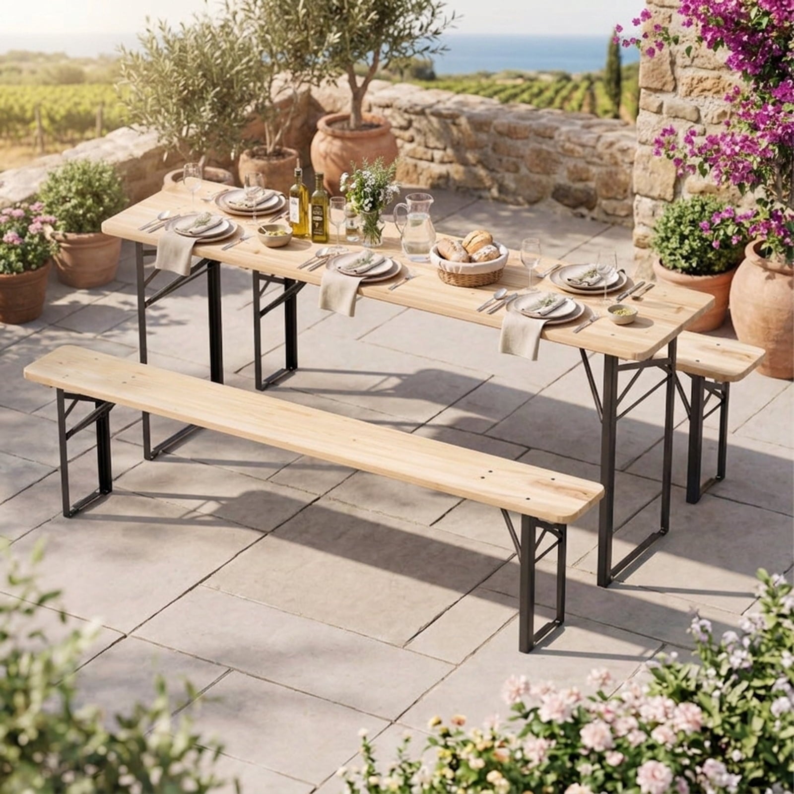 Biotree 70 Inch 3-Piece Folding Picnic Table with Benches for 6 Fir Wood Portable Bear Camping Table, Dark Brown