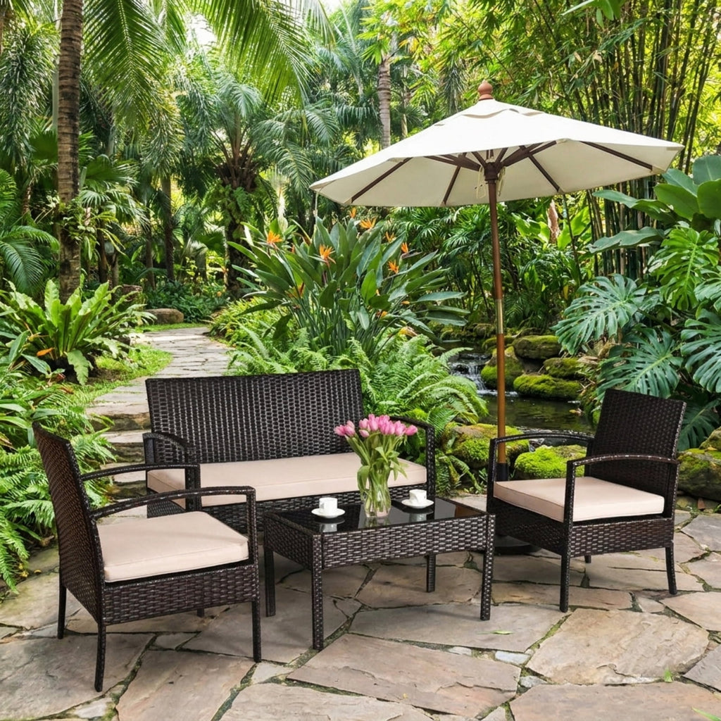 Biotree 4 Pieces Patio Rattan Conversation Set with Loveseat Sofas and Coffee Table Outdoor Conversation Set for Garden Backyard Porch