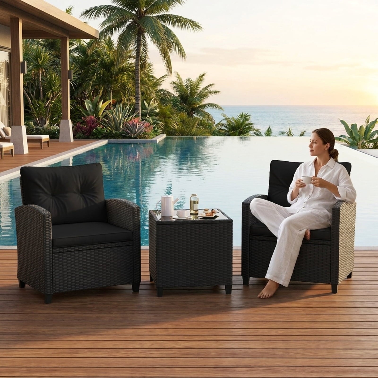 Biotree 3 Pieces Patio Furniture Set with Tempered Glass Coffee Table Outdoor Conversation Set for Garden Backyard PorchBlack
