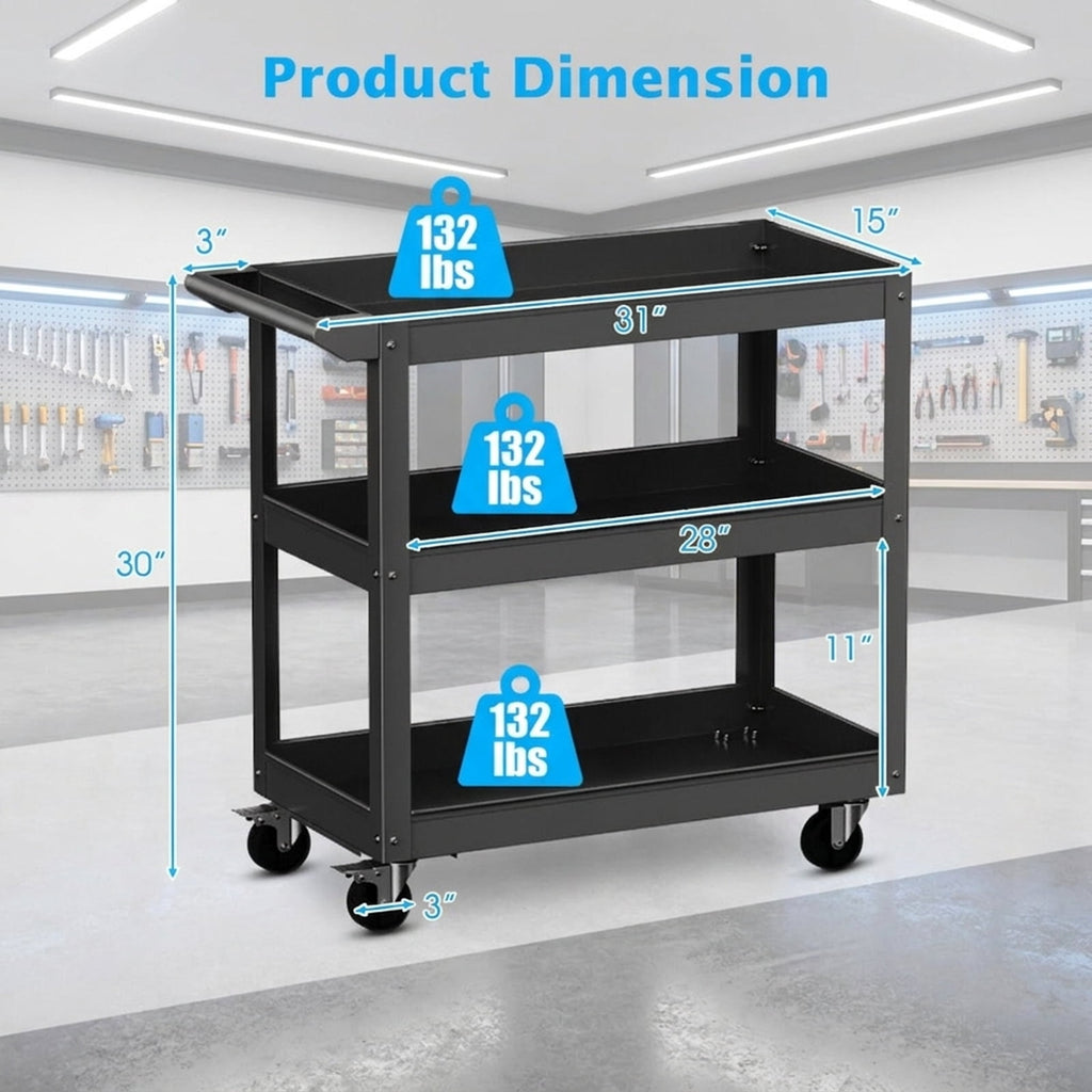 Biotree 3-Tier Metal Utility Cart Tool Trolley Flat Handle 2 Lockable Wheels 400 lbs - Black