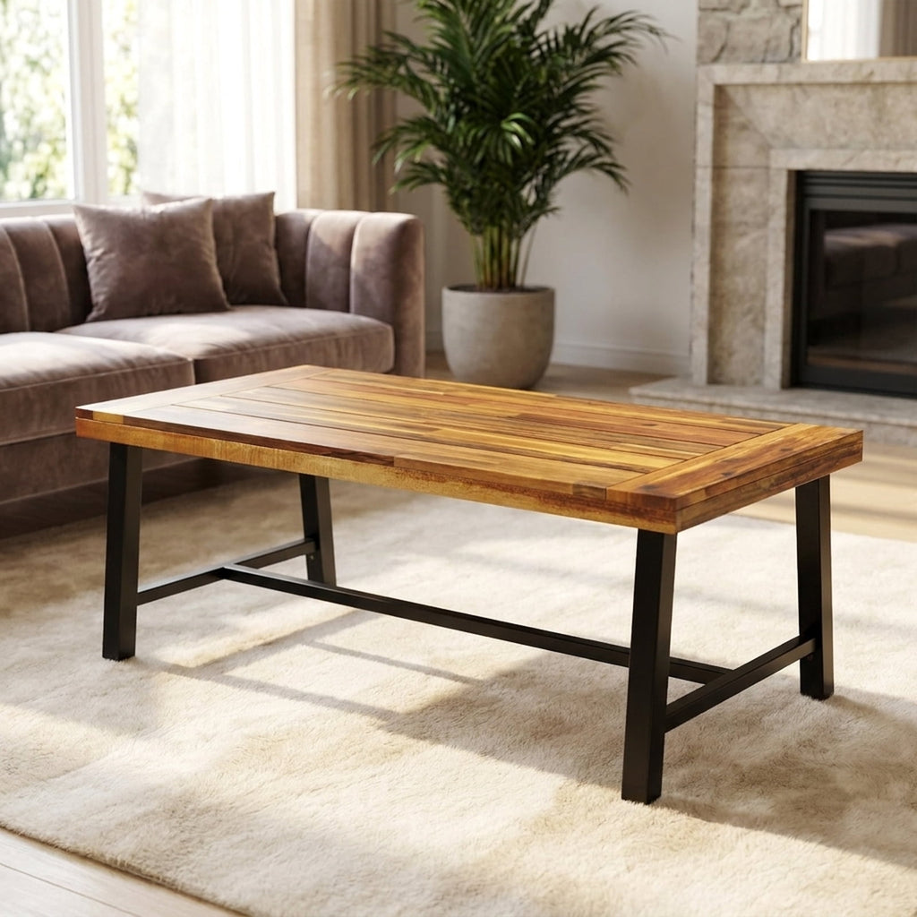 Biotree Acacia Wood Coffee Table with Thickened Top and Heavy-duty Metal Legs, Black