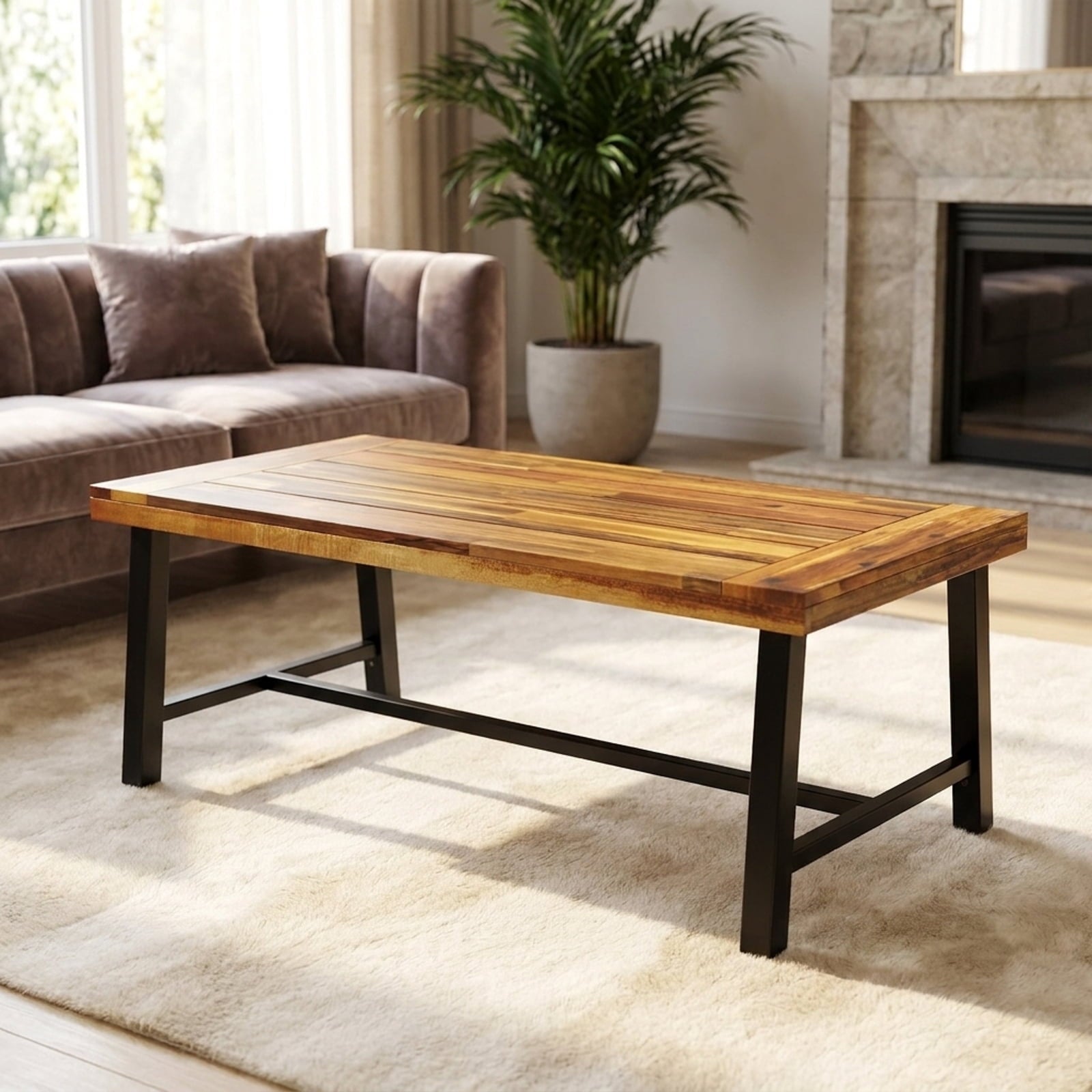 Biotree Acacia Wood Coffee Table with Thickened Top and Heavy-duty Metal Legs, Black