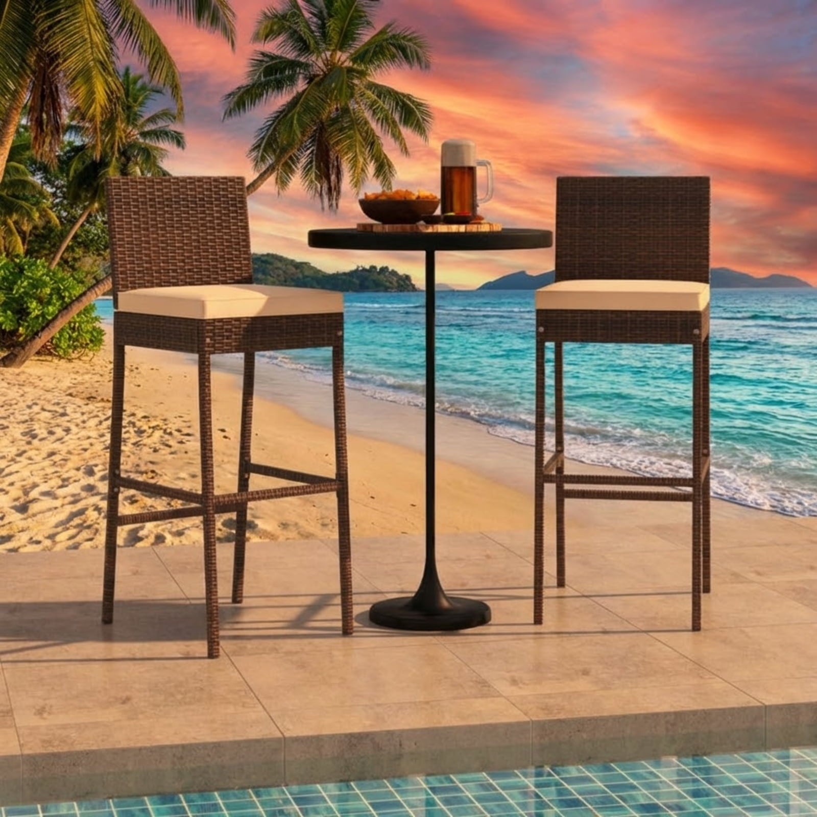 Biotree Set of 4 Patio Wicker Barstools with Seat Cushion and Footrest, PE Rattan Outdoor Bar Height Chairs with Metal Frame for Backyard Deck Garden Poolside, Mix Brown