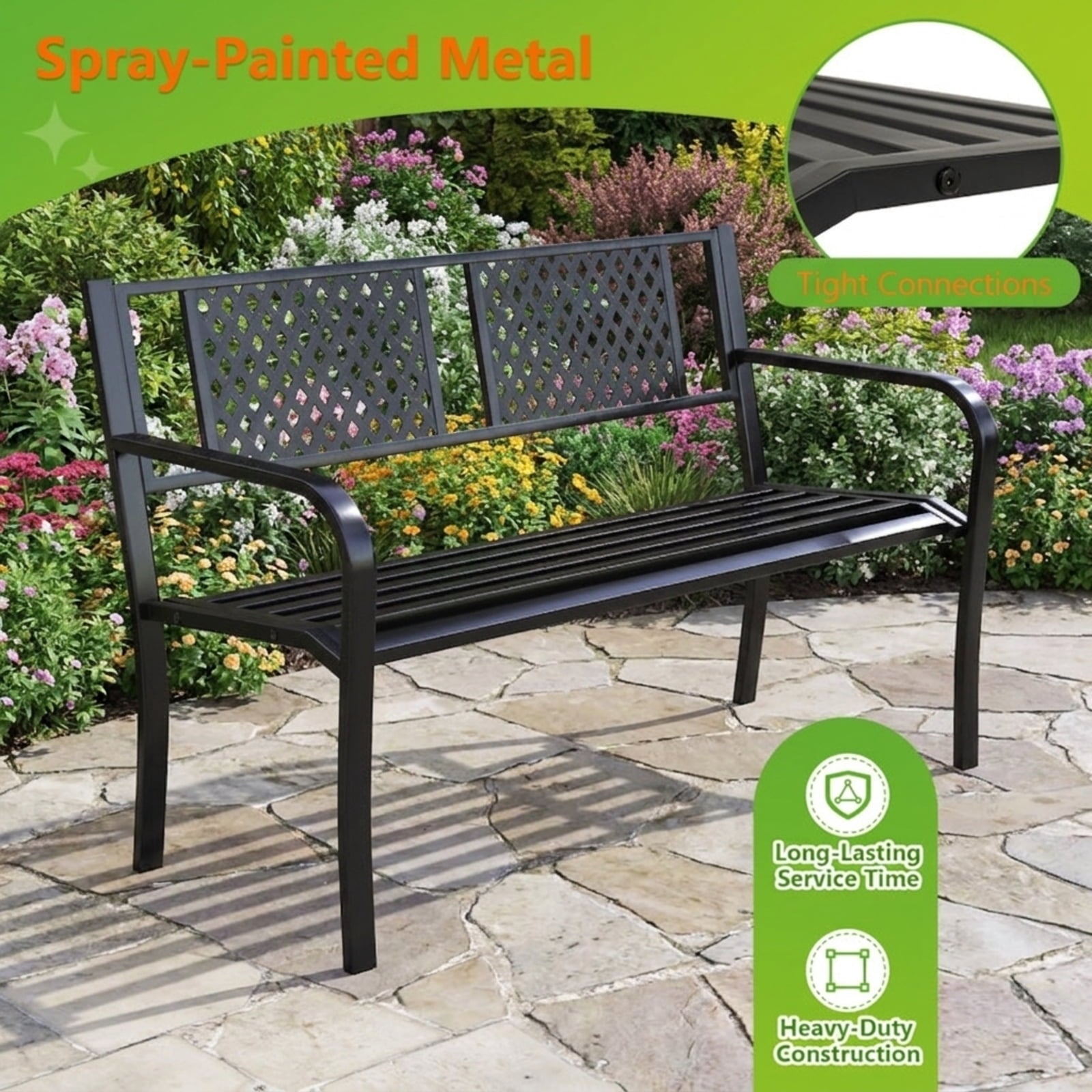 Biotree Outdoor Bench Metal Loveseat Patio Bench for 2-3-Person Stackable Patio Chair for Garden BackyardBlack