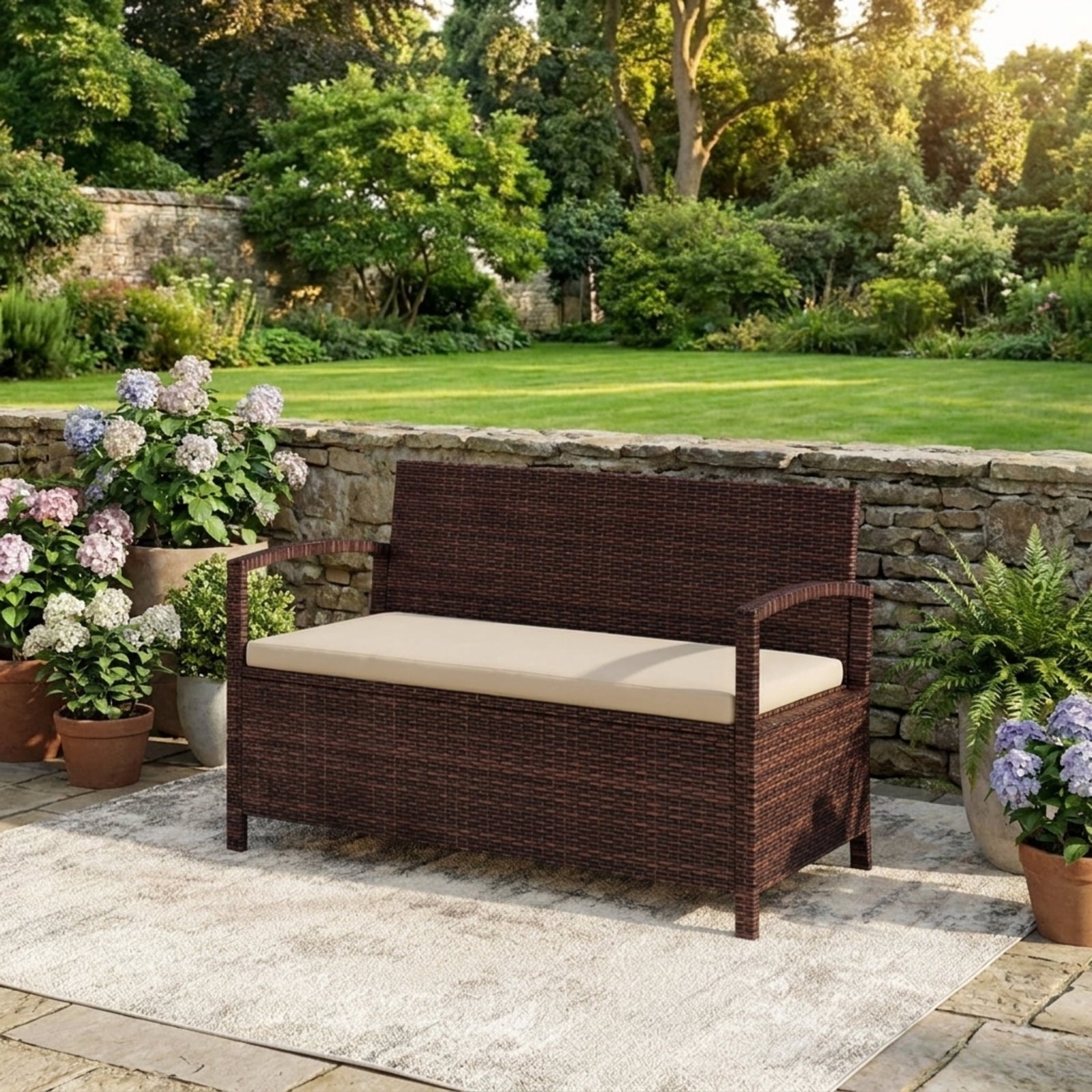 Biotree Outdoor PE Wicker Storage Bench 2 Seater with Cushion and 42 Gallon Deck Box Stackable Patio Chair for Garden BackyardBeige