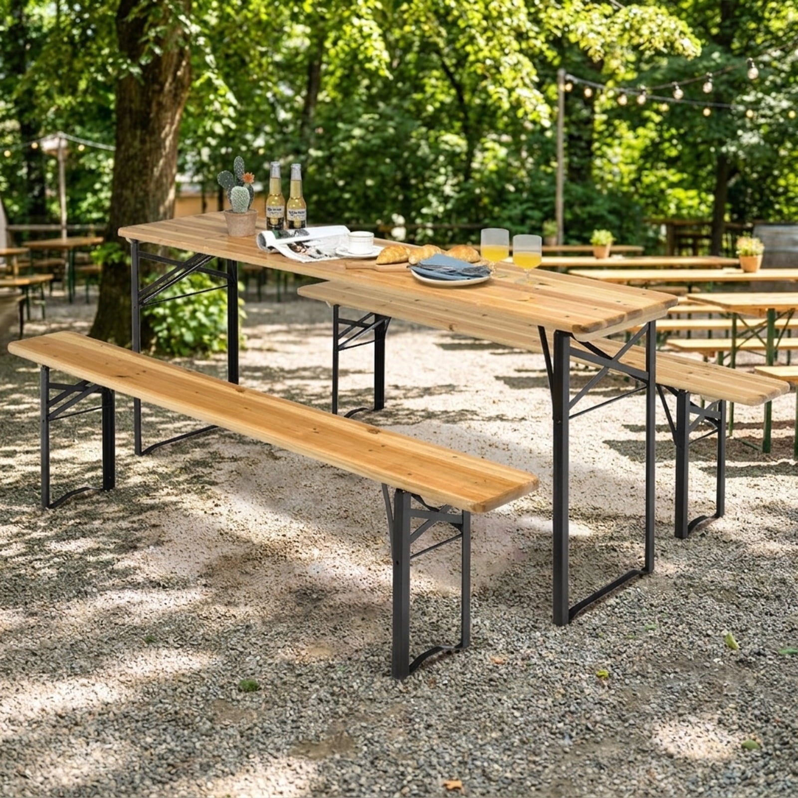 Biotree 70-Inch 3 Pieces Folding Wooden Picnic Table Bench Set, Natural Black