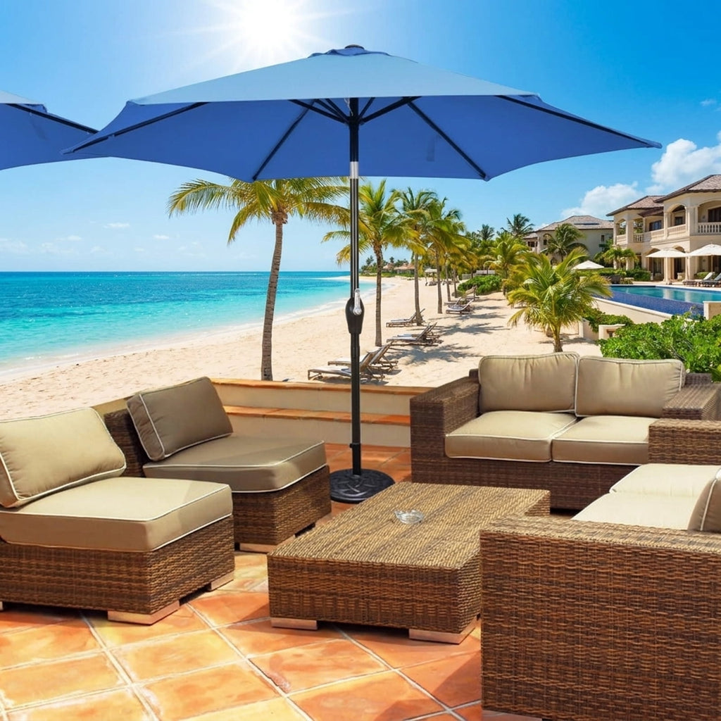 Biotree 9 ft Market Patio Umbrella with Crank and Tilt, 8 Sturdy Ribs, Vented Canopy - Blue for Backyard