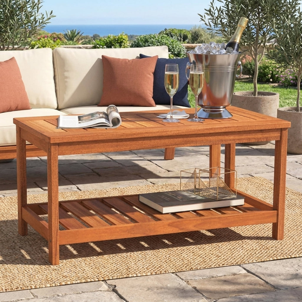 Biotree 2-Tier Patio Coffee Table with Slatted Tabletop and Shelf, Natural