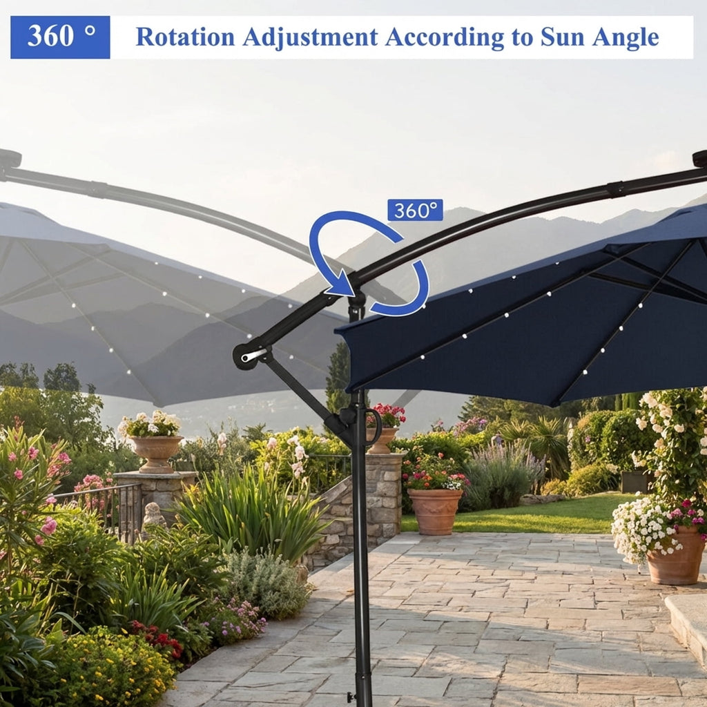 Biotree 10 ft 360¡ã Rotation Solar Powered LED Patio Offset Umbrella without Weight Base-Navy Outdoor
