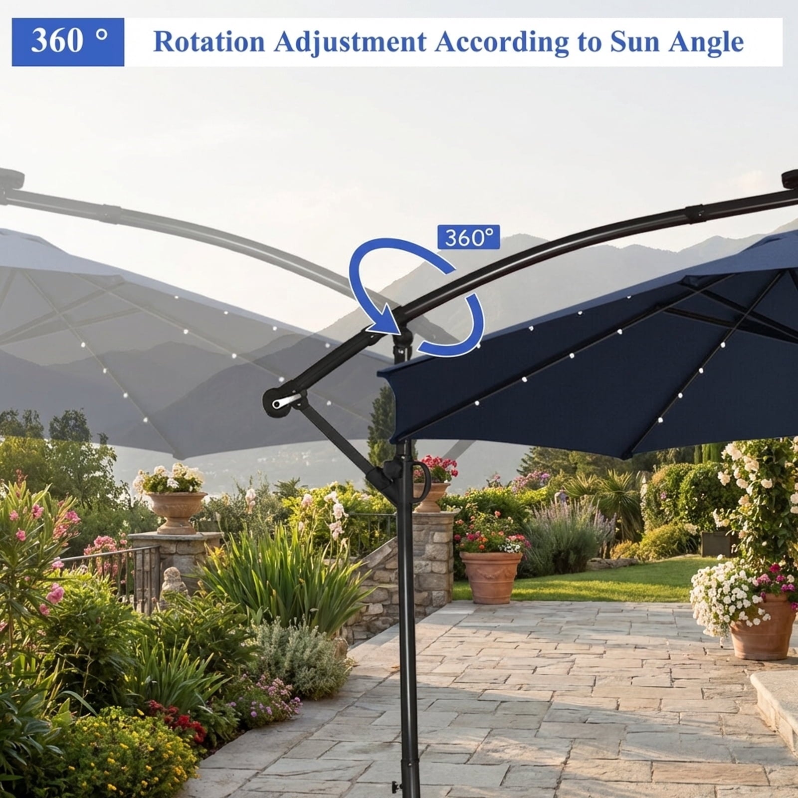 Biotree 10 ft 360¡ã Rotation Solar Powered LED Patio Offset Umbrella without Weight Base-Navy Outdoor