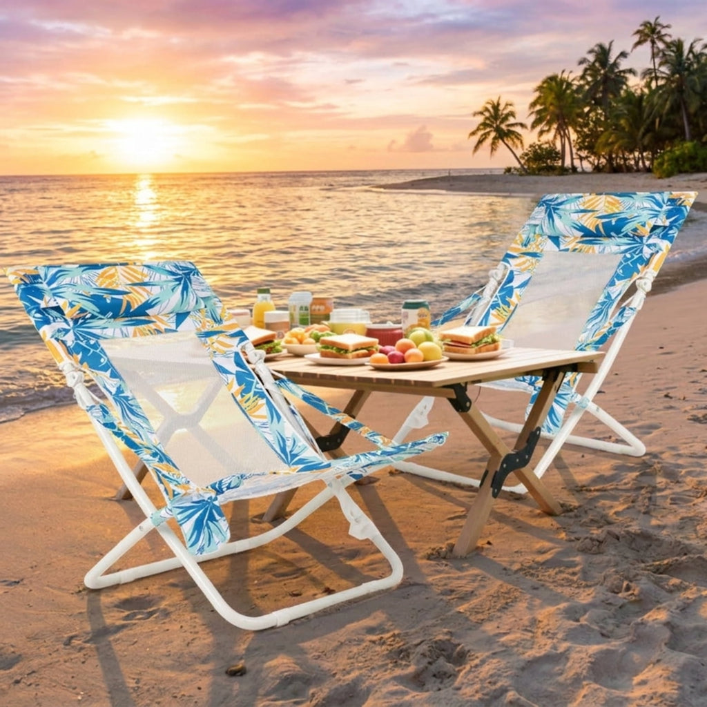 Biotree Folding Low Beach Chair Set of 2 Patio Sling Chairs with Padded Head Pillow Stackable Patio Chair for Garden BackyardBlue