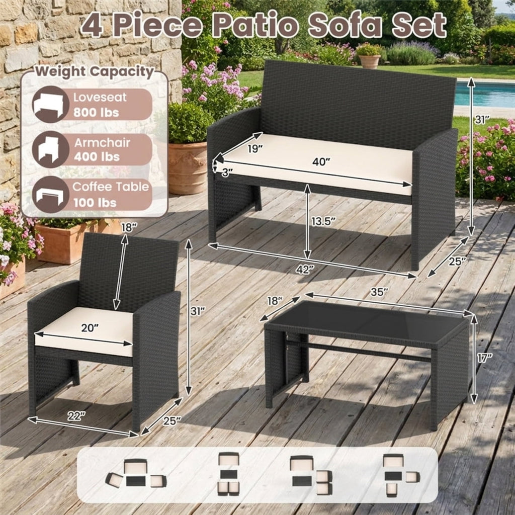 Biotree 4 Pieces Patio Furniture Set with Tempered Glass Tabletop and Removable Cushion Outdoor Conversation Set for Garden Backyard PorchWhite