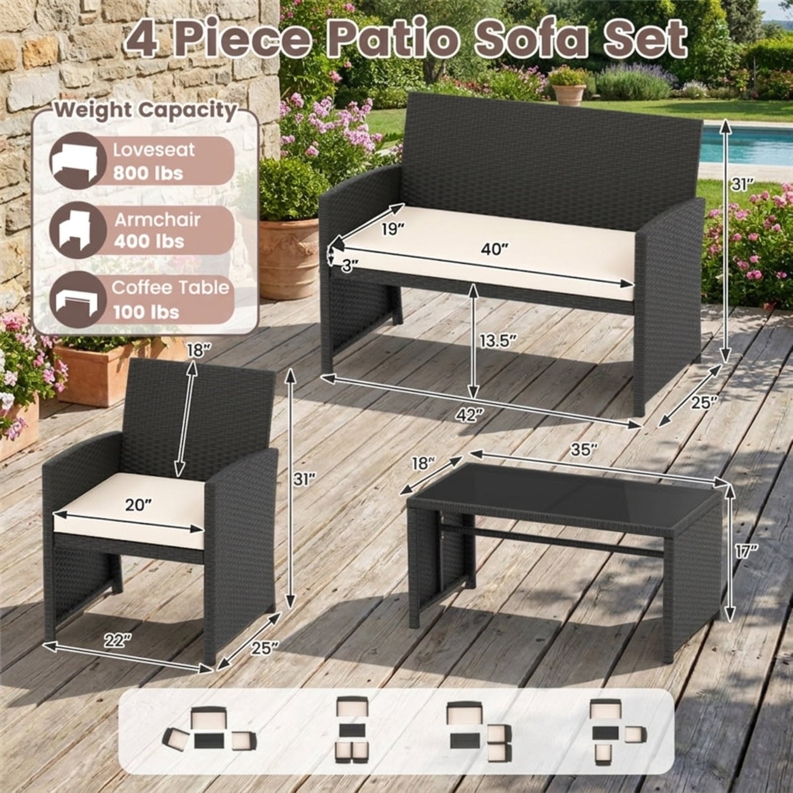 Biotree 4 Pieces Patio Furniture Set with Tempered Glass Tabletop and Removable Cushion Outdoor Conversation Set for Garden Backyard PorchWhite