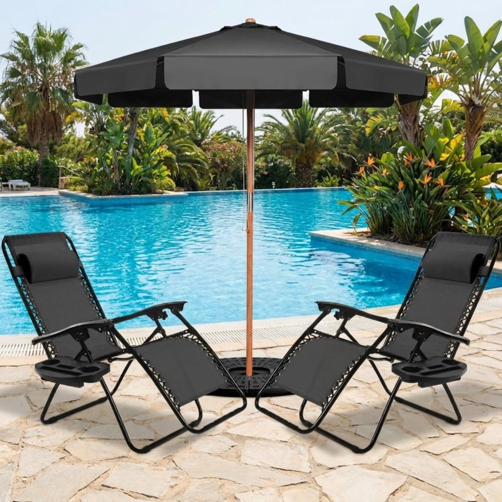Biotree 2 Pieces Folding Recliner Zero Gravity Lounge Chair Stackable Patio Chair for Garden BackyardBlack