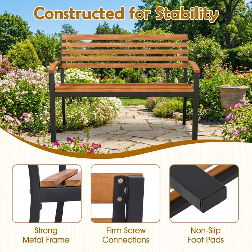 Biotree Outdoor Bench Acacia Wood Patio Loveseat with Backrest Armrests Stackable Patio Chair for Garden BackyardBlack + Natural
