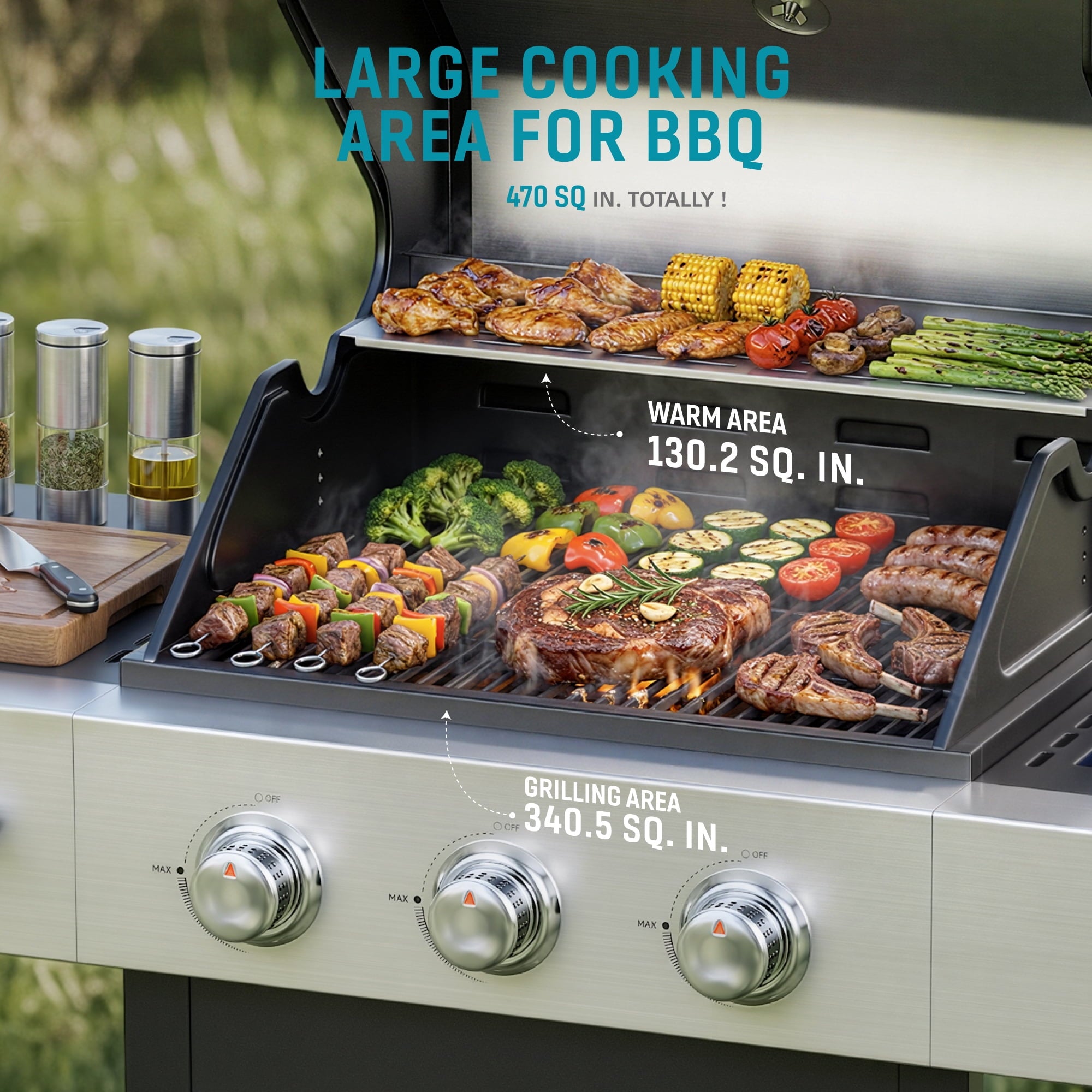 Biotree 3 Burner Gas Grill with Side Burner, 40800 BTU Barbecue Grill Propane Stainless Steel BBQ Grill with Porcelain-Enameled Cast Iron Grates for Outdoor Cooking