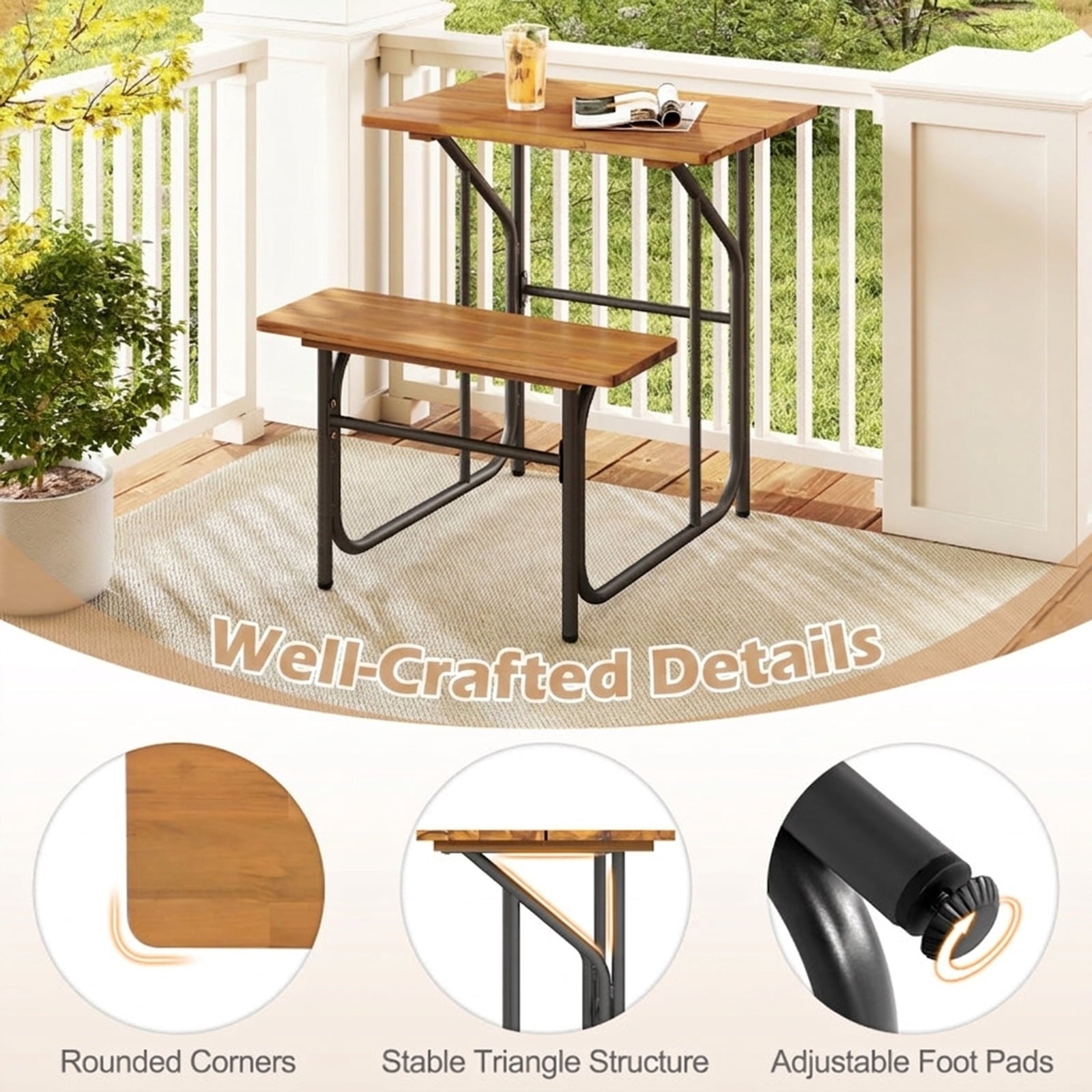 Biotree Acacia Wood Patio Table Bench Set One-Side Picnic Table and Seat, Black