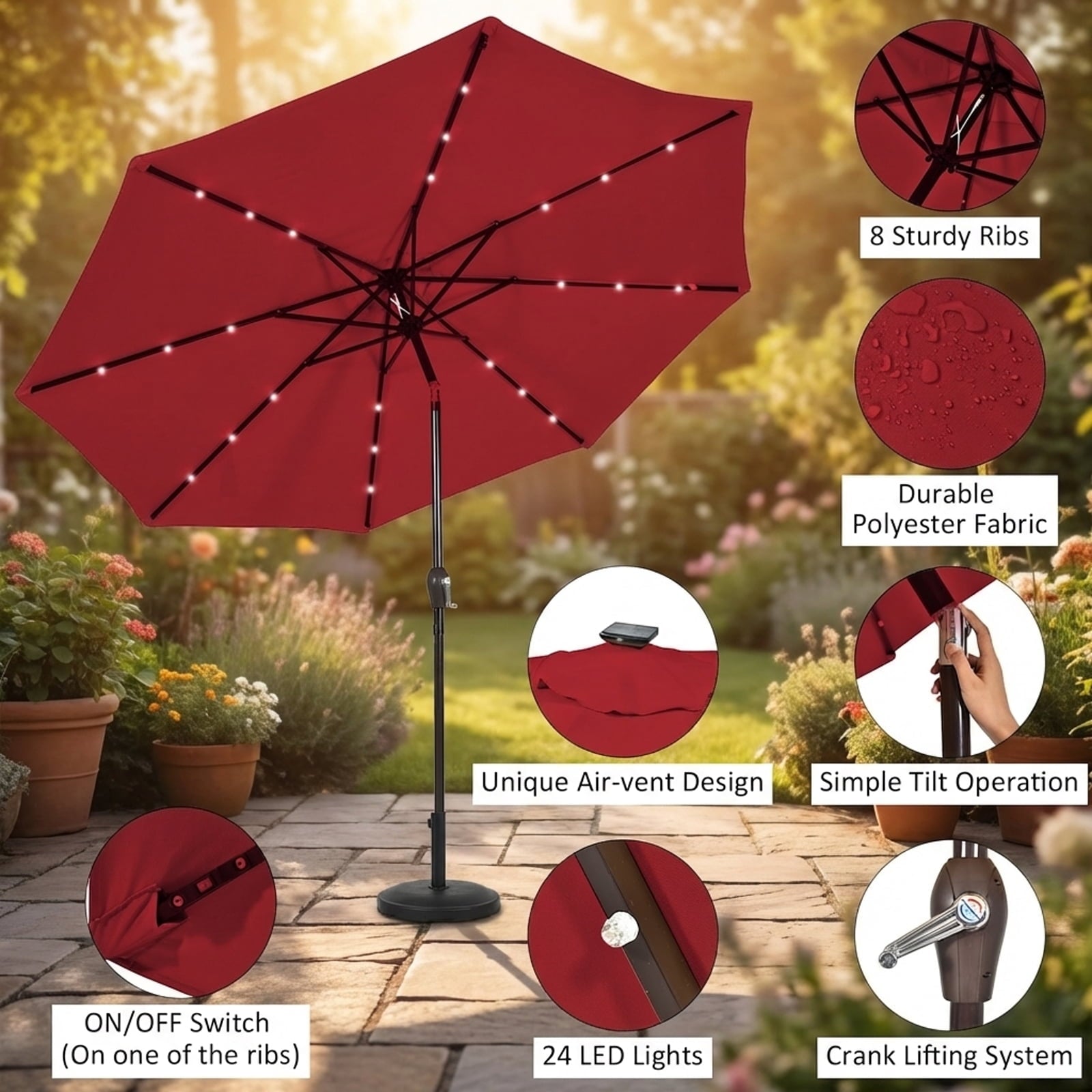 Biotree 10 Solar LED Lighted Patio Market Umbrella Shade Tilt Adjustment Crank-Dark Red Outdoor Backyard