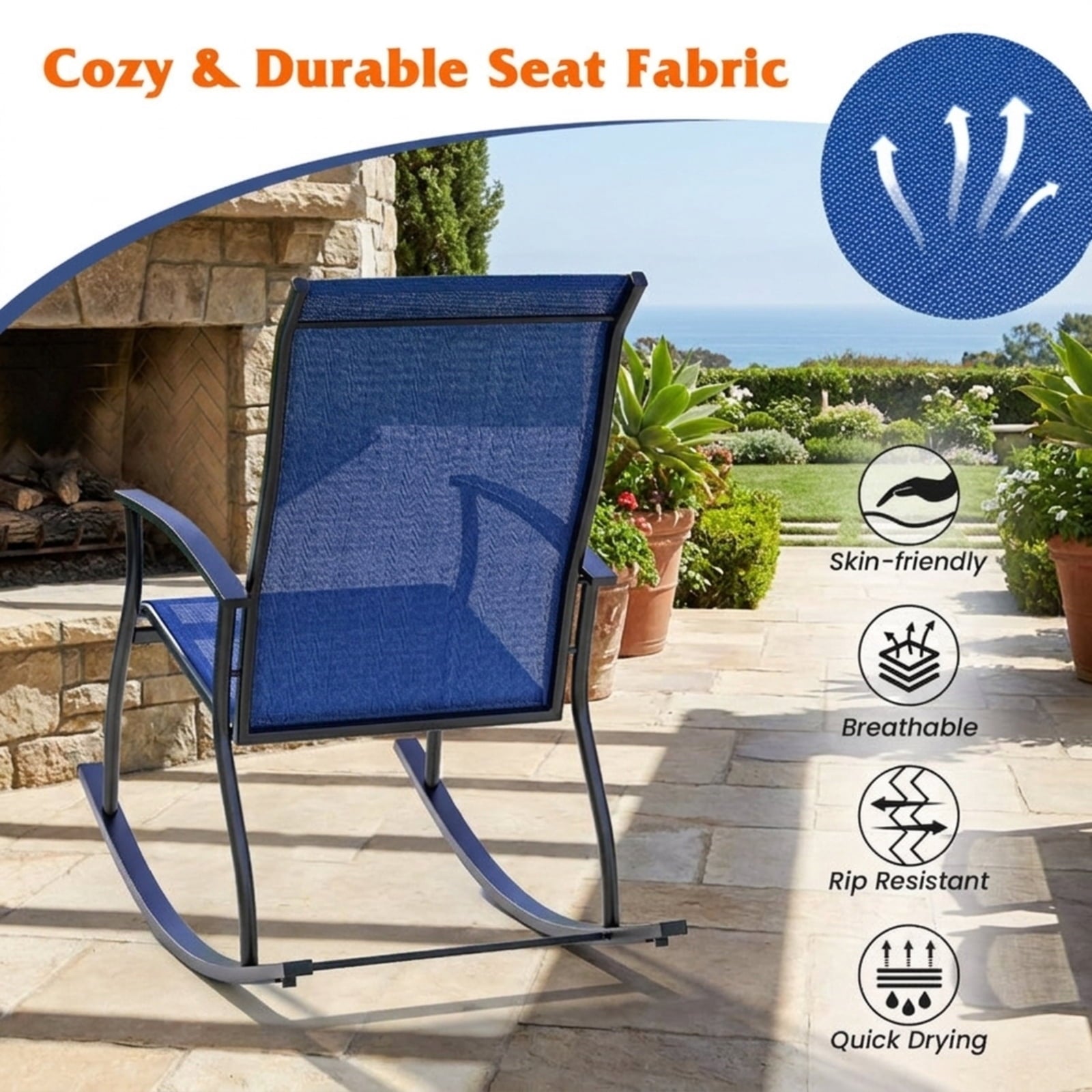 Biotree 2 Pieces Outdoor Rocking Chairs with Breathable Backrest Stackable Patio Chair for Garden BackyardNavy