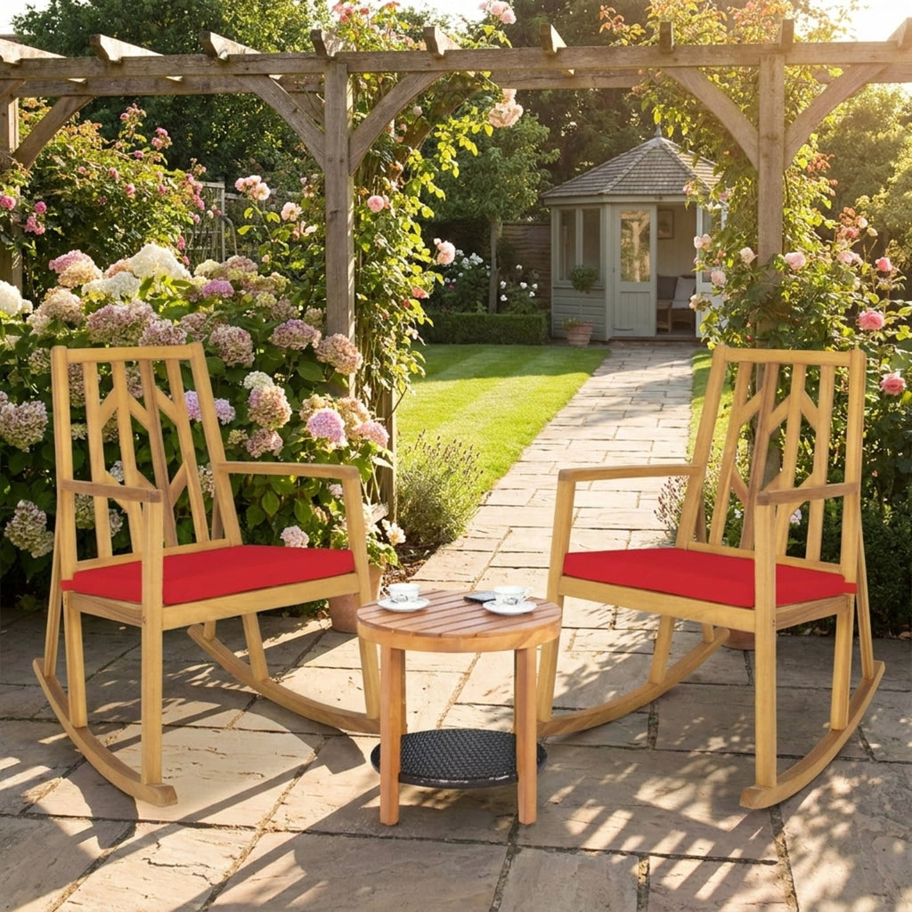 Biotree Patio Acacia Wood Rocking Chair Sofa with Armrest and Cushion for Garden and Deck Stackable Patio Chair for Garden BackyardRed