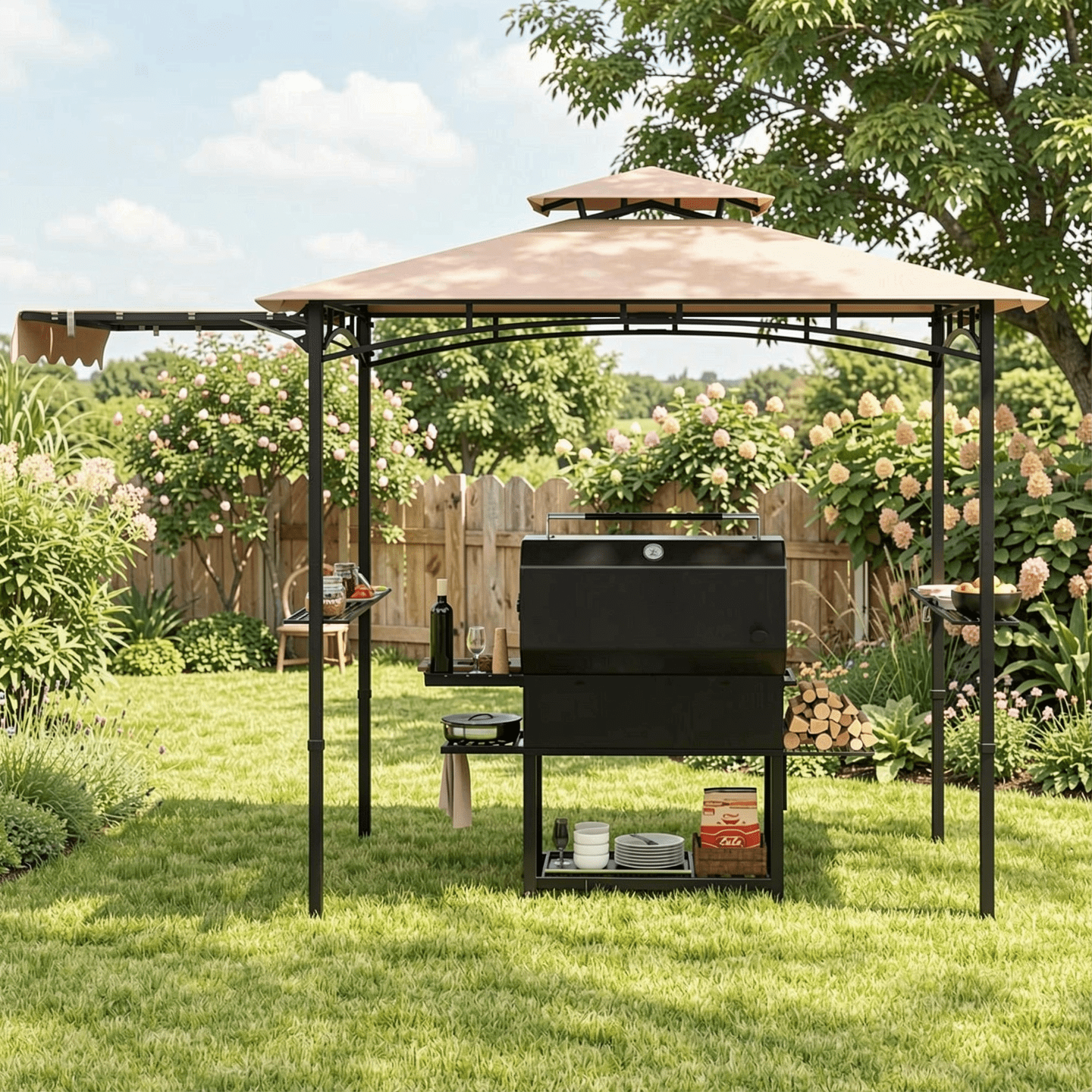 Biotree 11 x 5 FT Grill Gazebo with Side Awning and Double-Tiered Top Beige - Outdoor Patio Backyard Garden Shade Canopy Shelter