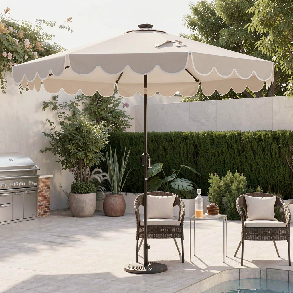 Biotree 9.3 Feet Solar Patio Umbrella with 24 LED Lights Vented Top and Ruffles-Beige Outdoor Backyard