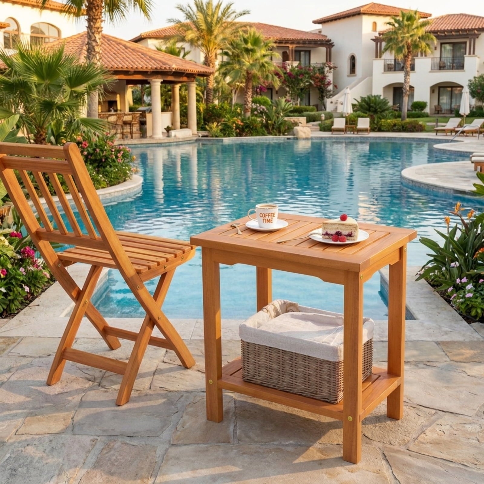 Biotree 2-Tier Outdoor Acacia Wood Side Table with Slatted Tabletop and Storage Shelf, Natural