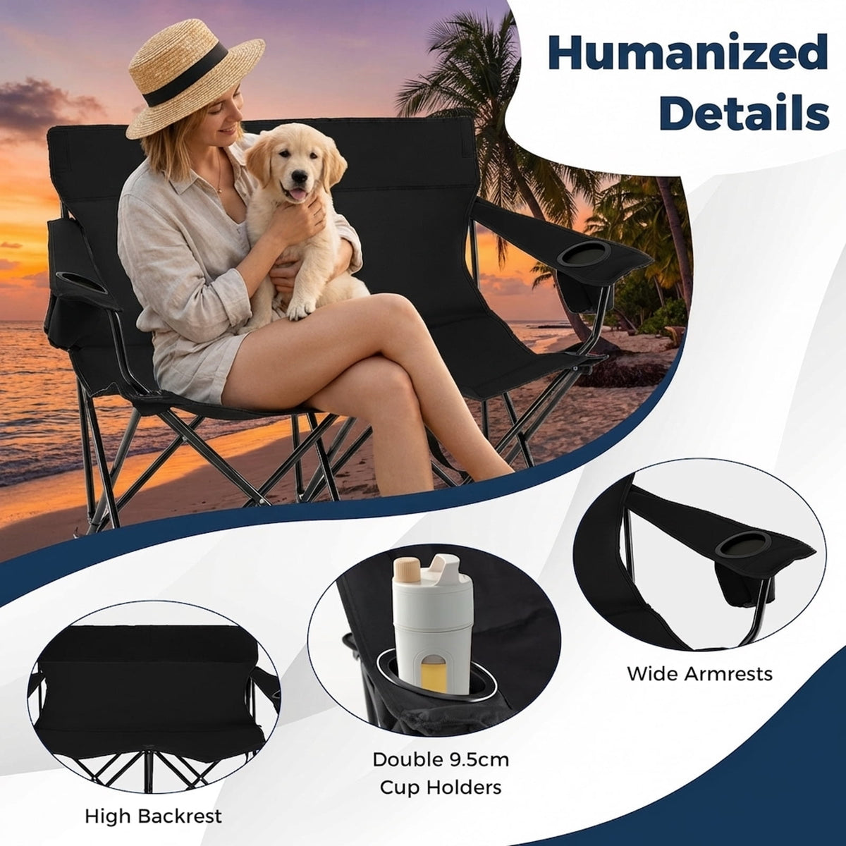 Biotree 2-Person Folding Outdoor Loveseat Camp Chair with Cup Holders Portable Double Camping Chair with Carry Bag, Black