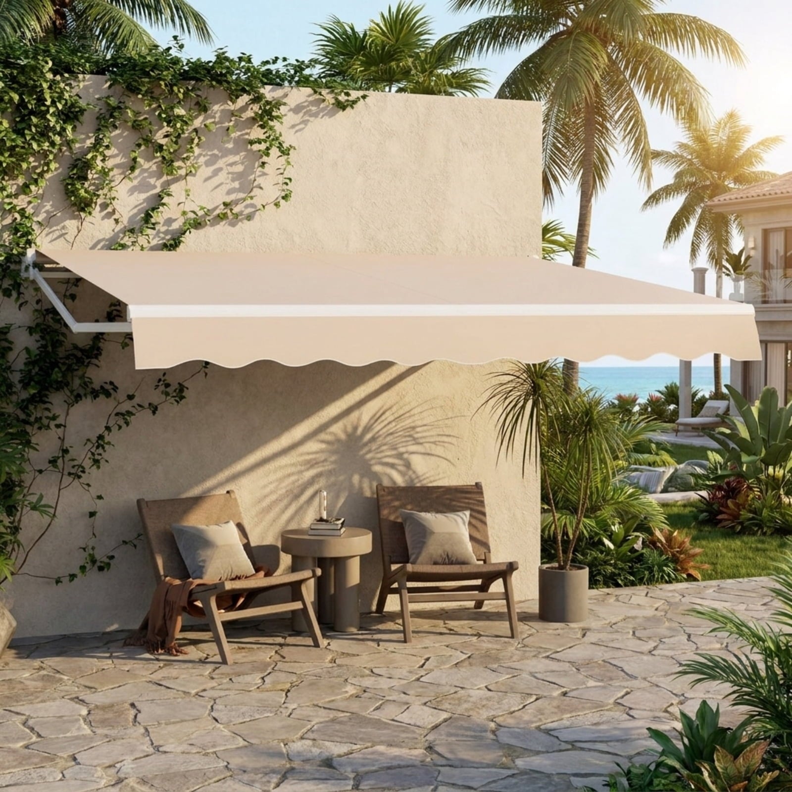Biotree 12 x 10 Feet Patio Retractable Awning Aluminum Sunshade Shelter for Patio Deck Door Window Sun Rain Protection, Beige