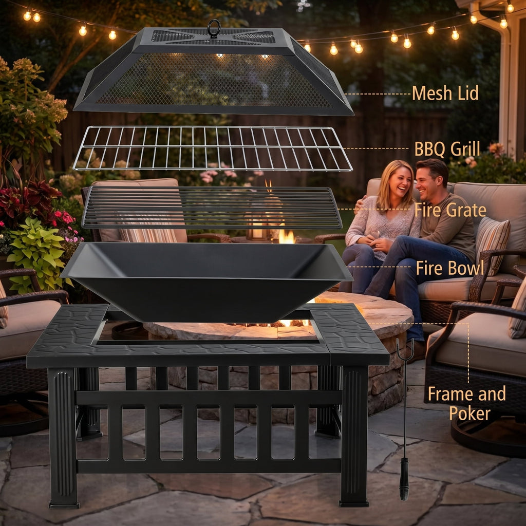 Biotree 32 Inch 3 in 1 Outdoor Square Fire Pit Table with BBQ Grill and Rain Cover for Camping for Outdoor Patio Backyard Garden Camping, Black