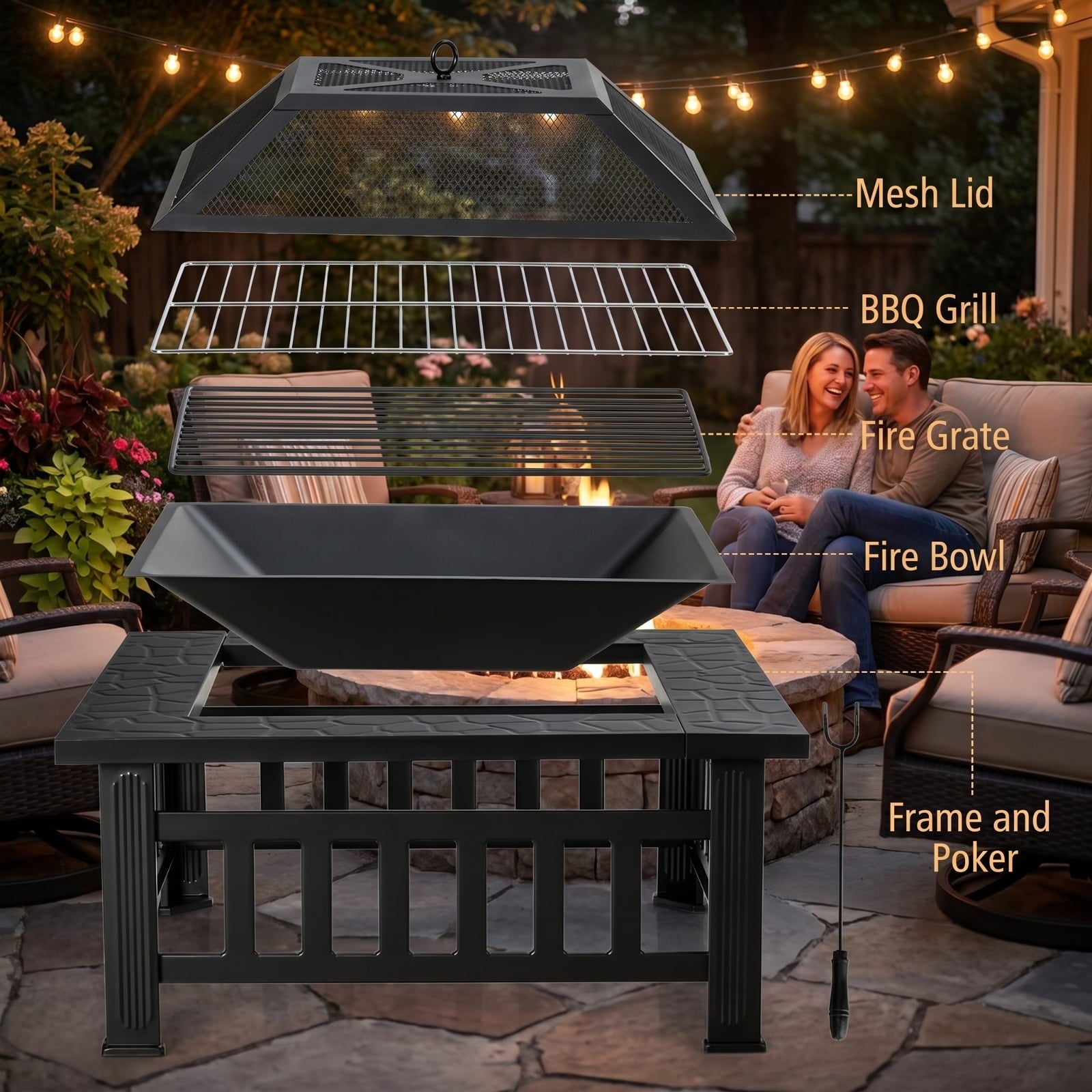 Biotree 32 Inch 3 in 1 Outdoor Square Fire Pit Table with BBQ Grill and Rain Cover for Camping for Outdoor Patio Backyard Garden Camping, Black