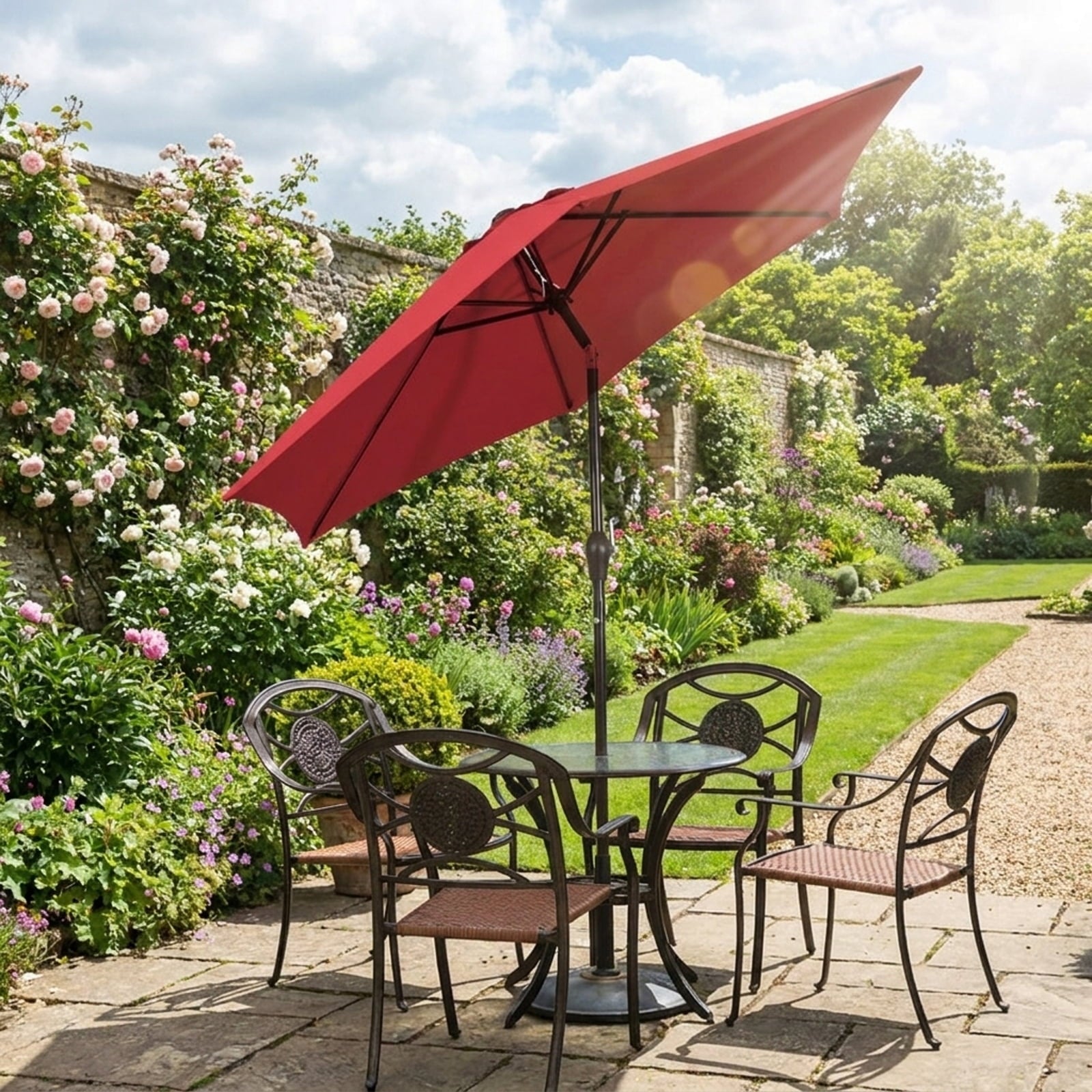 Biotree 9 ft Market Patio Umbrella with Crank and Tilt, 8 Sturdy Ribs, Vented Canopy - Burgundy for Backyard