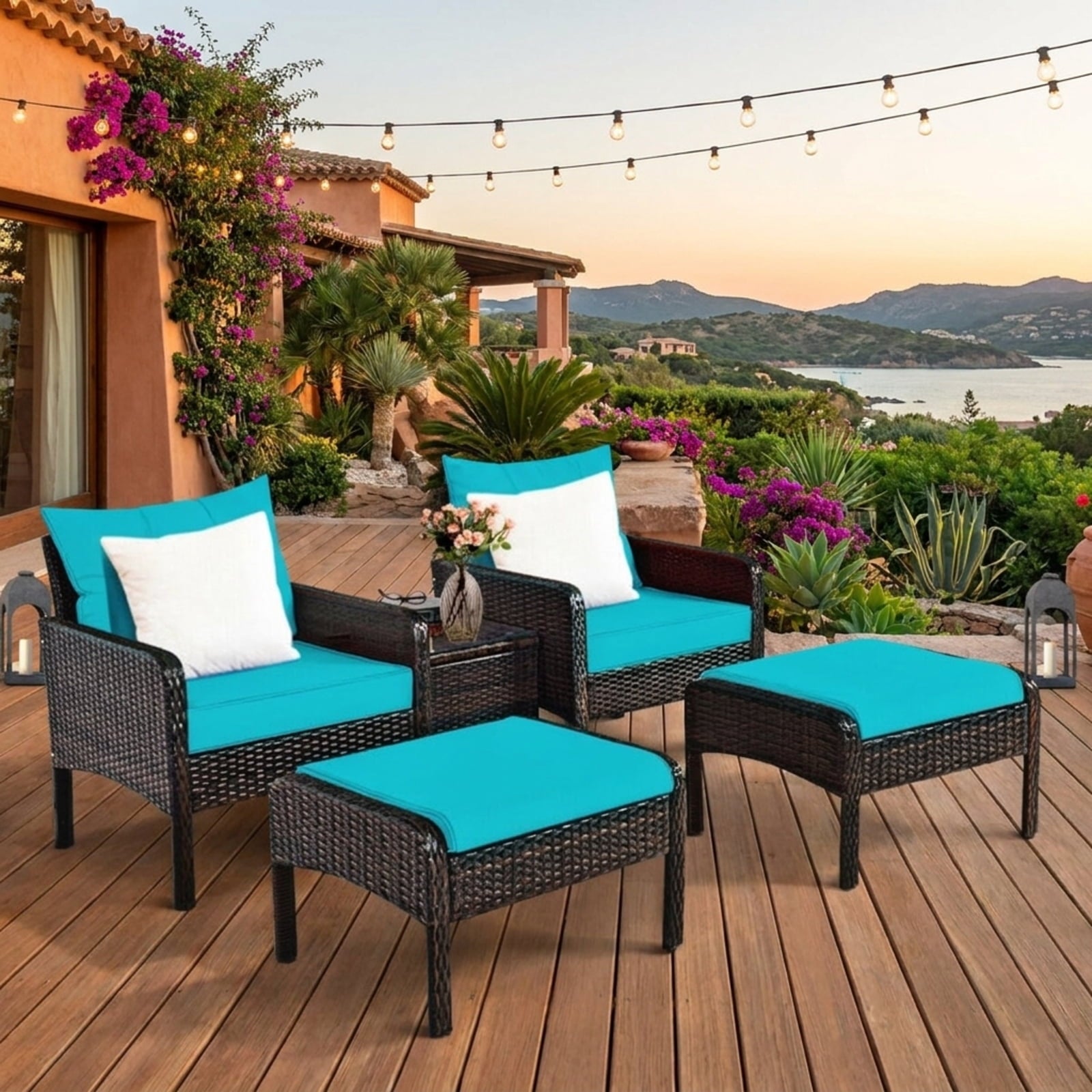 Biotree 5 Pieces Patio Rattan Furniture Set Sofa Outdoor Conversation Set for Garden Backyard PorchRed/Turquoise/Beige