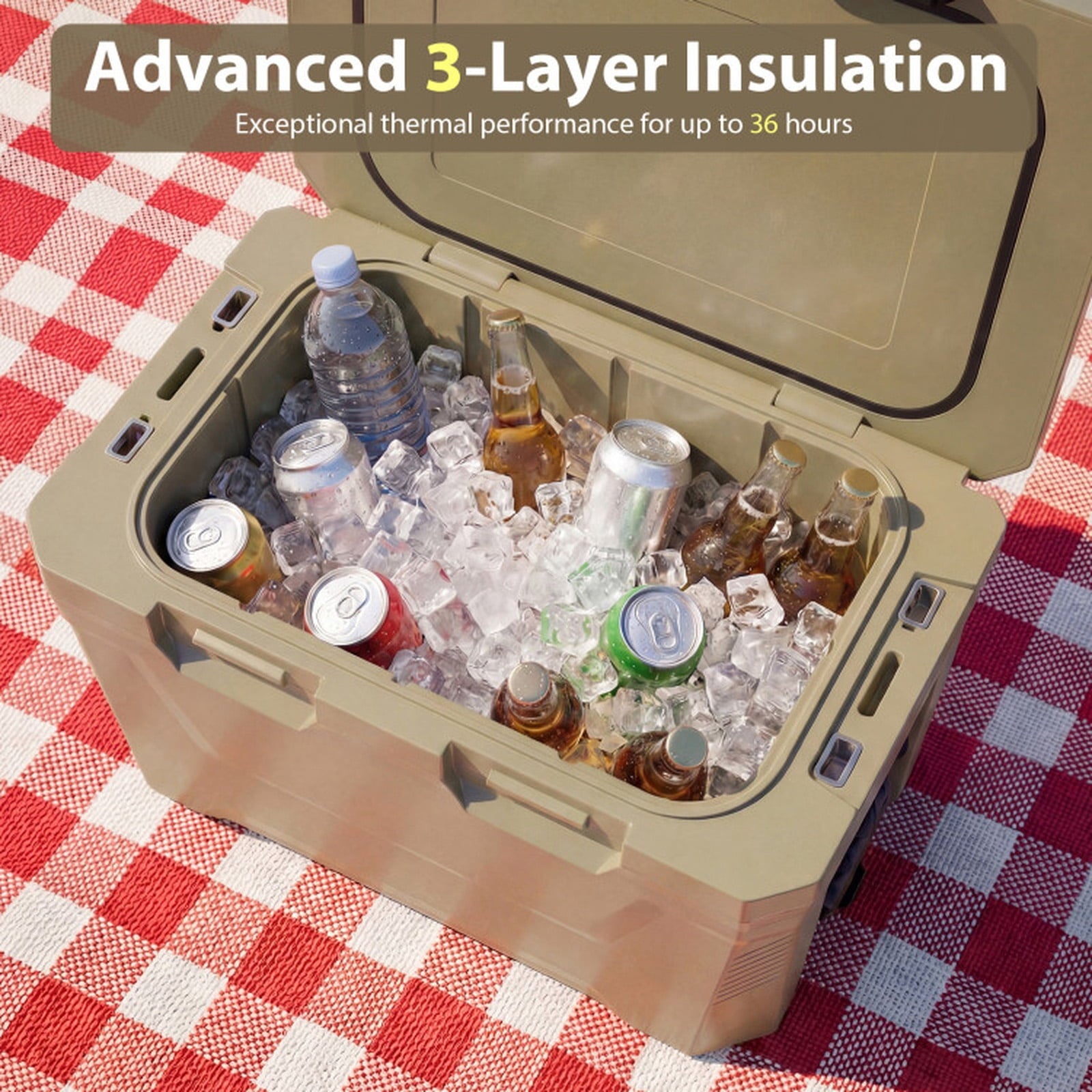 Biotree Insulated Portable Cooler Hard Shell Ice Chest with 2 Cup Holders Bottle Opener and Drain Plug, 37 Qt, Off-White