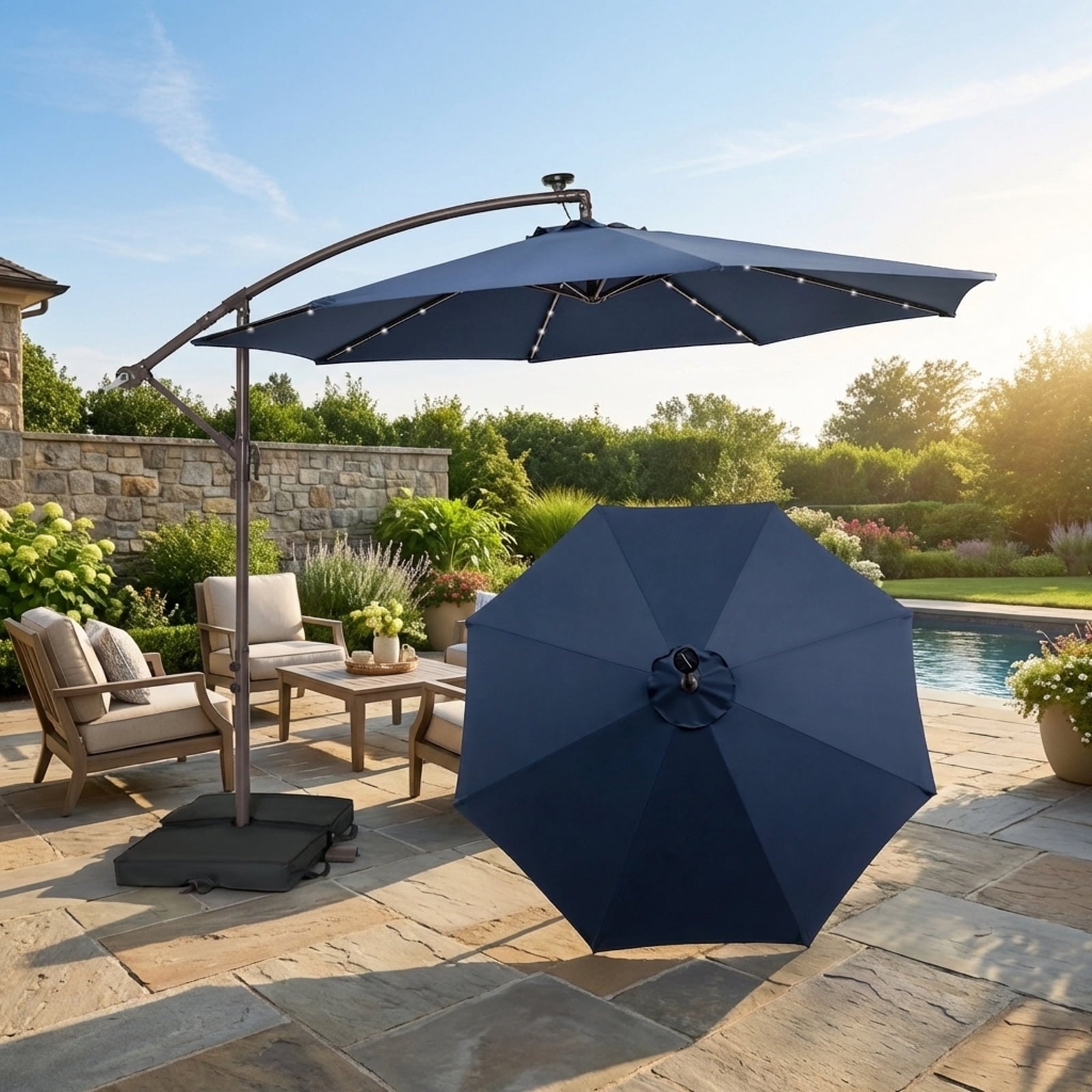 Biotree 10 Feet Cantilever Umbrella with 32 LED Lights and Solar Panel Batteries-Navy Outdoor Backyard