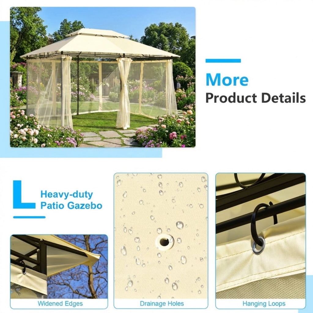 Biotree 10 Feet x 13 Feet Tent Canopy Shelter with Removable Netting Sidewall Beige - Outdoor Patio Backyard Garden Shade Canopy Shelter