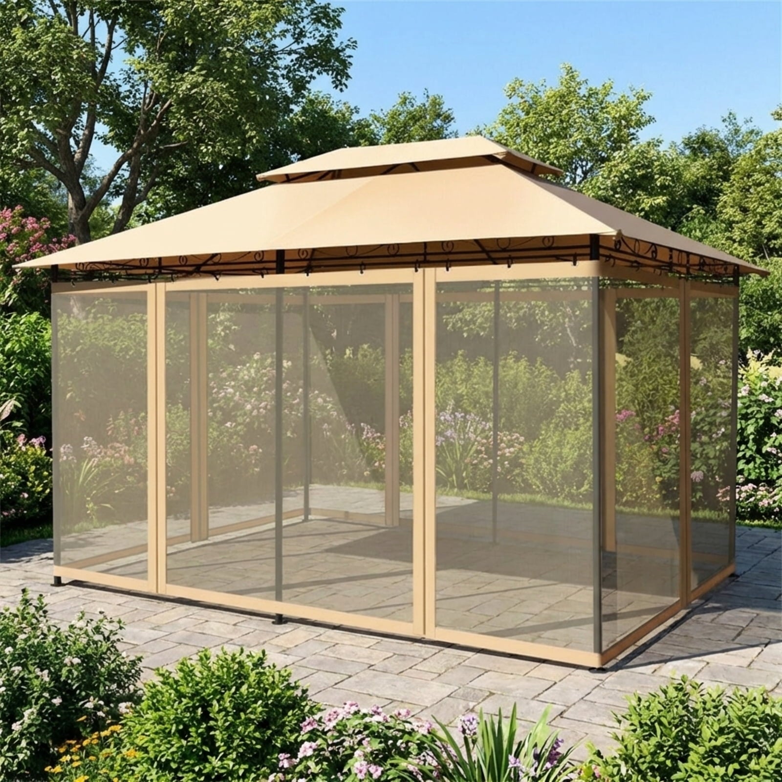 Biotree 10 Feet x 13 Feet Tent Canopy Shelter with Removable Netting Sidewall Brown - Outdoor Patio Backyard Garden Shade Canopy Shelter