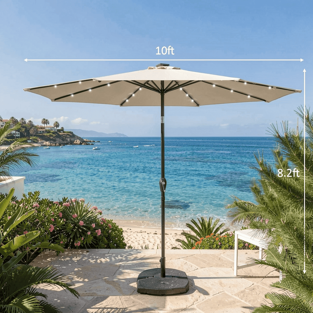 Biotree 10 Solar LED Lighted Patio Market Umbrella Shade Tilt Adjustment Crank-Tan Outdoor Backyard