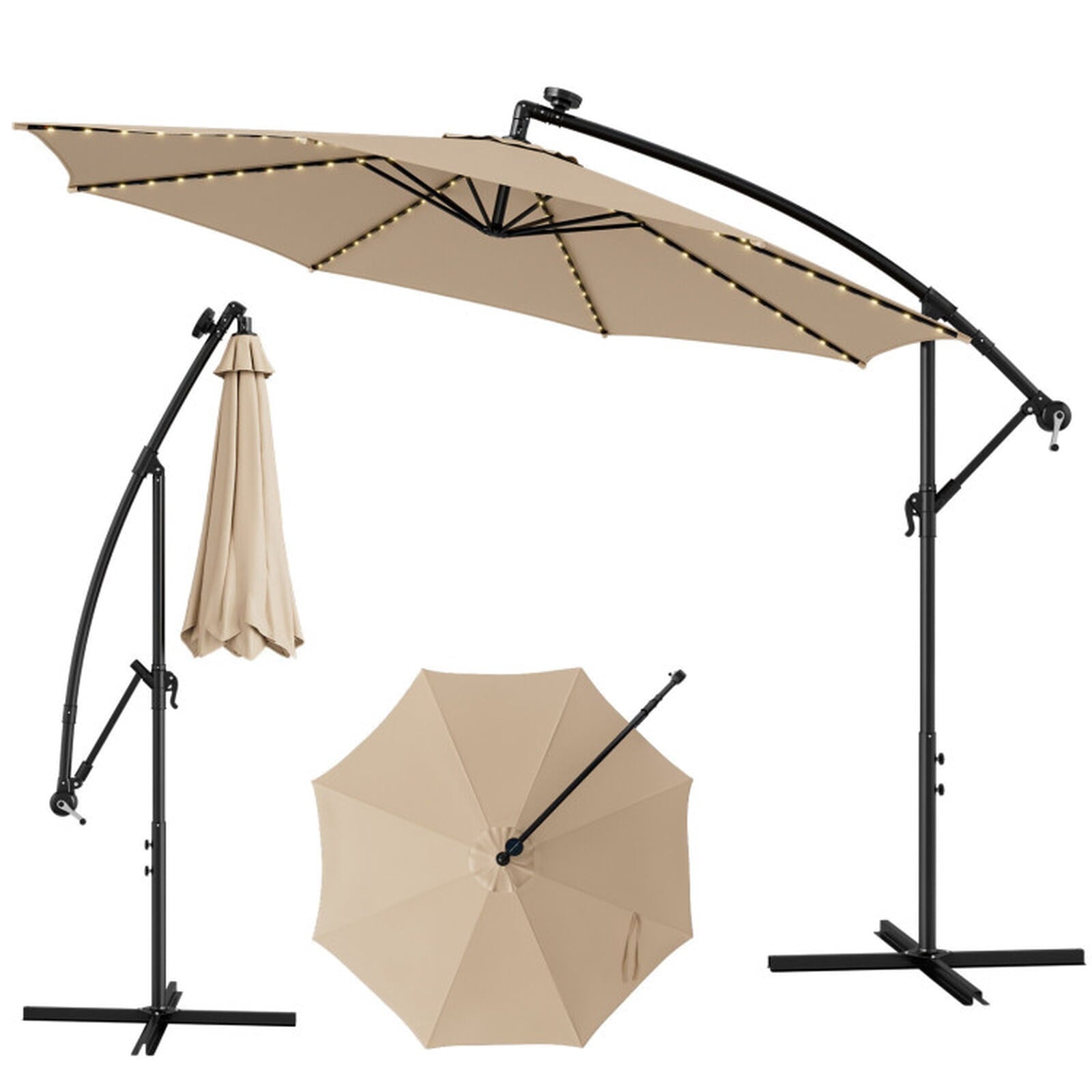 Biotree 10 ft Cantilever Offset Patio Umbrella Solar LED Lights Outdoor Shade - Beige - UV Protection