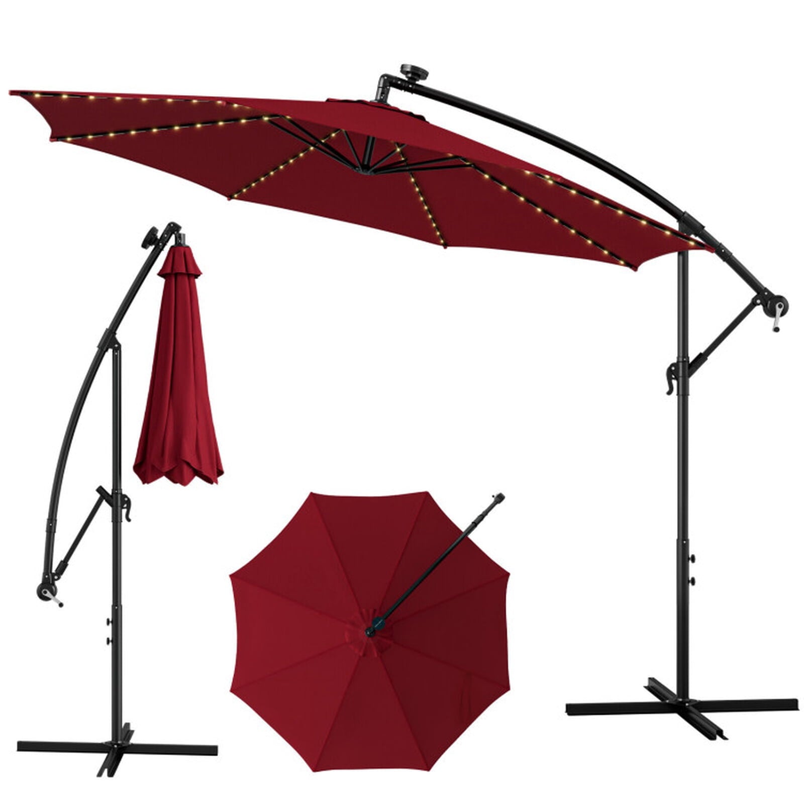 Biotree 10 ft Cantilever Offset Patio Umbrella Solar LED Lights Outdoor Shade - Red - UV Protection with Cross Base
