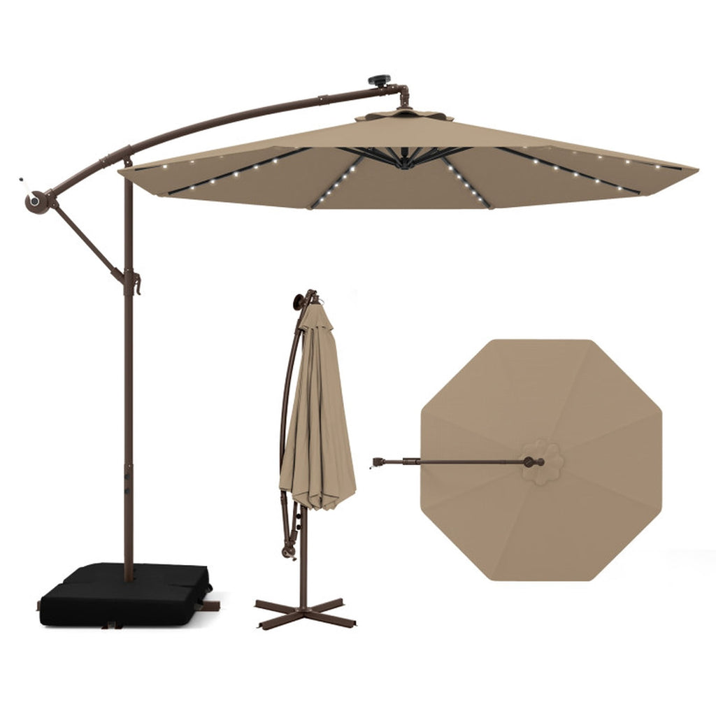 Biotree 10 ft Solar Cantilever Patio Umbrella with 32 LED Lights Rechargeable Battery Offset Hanging Shade for Outdoor Deck - Brown