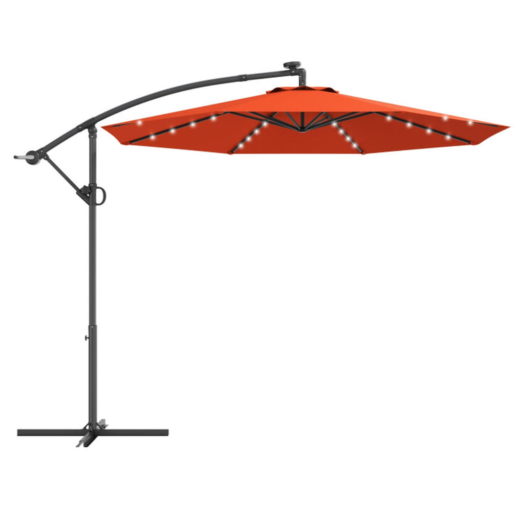 Biotree 10 ft Solar LED Cantilever Patio Umbrella Offset Hanging with Cross Base, 8 Ribs - Orange for Backyard