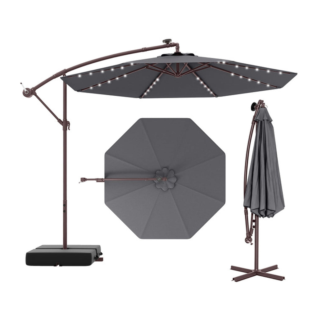 Biotree 10 ft Solar Offset Cantilever Patio Umbrella with 40 LED Lights Polyester Canopy Heavy-Duty Metal Pole for Outdoor Patio - Gray