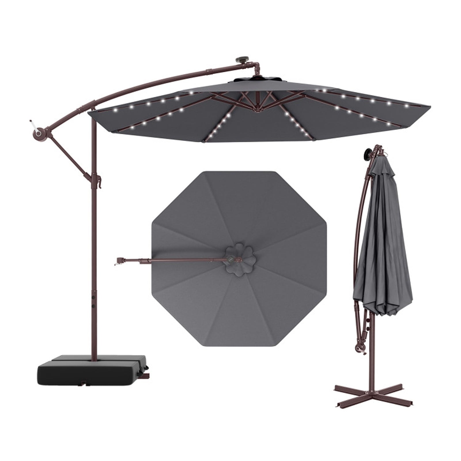 Biotree 10 ft Solar Offset Cantilever Patio Umbrella with 40 LED Lights Polyester Canopy Heavy-Duty Metal Pole for Outdoor Patio - Gray