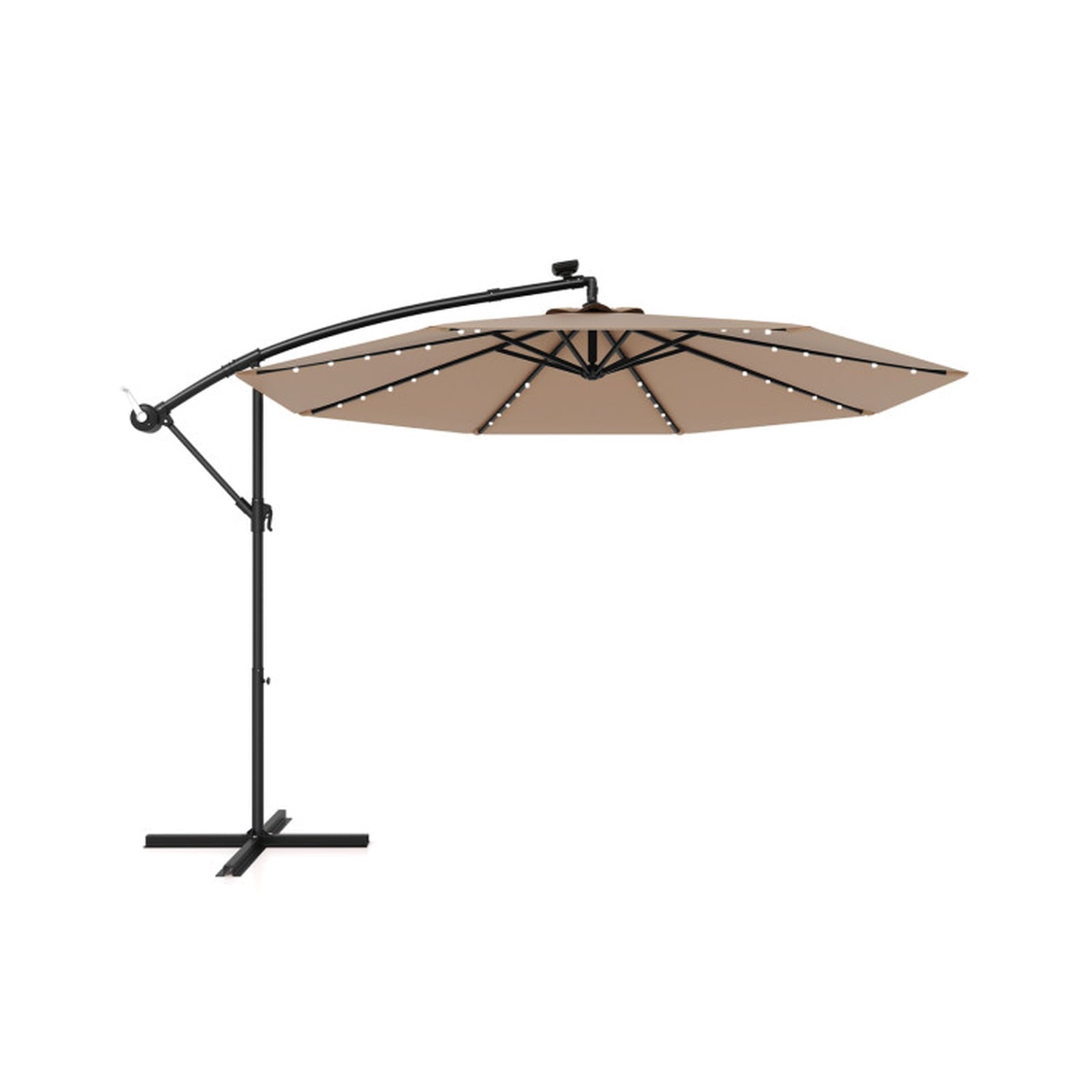 Biotree 10 ft Solar Offset Hanging Umbrella with 40 LED Lights Cross Base and 180G Polyester Canopy for Deck Garden Backyard - Tan