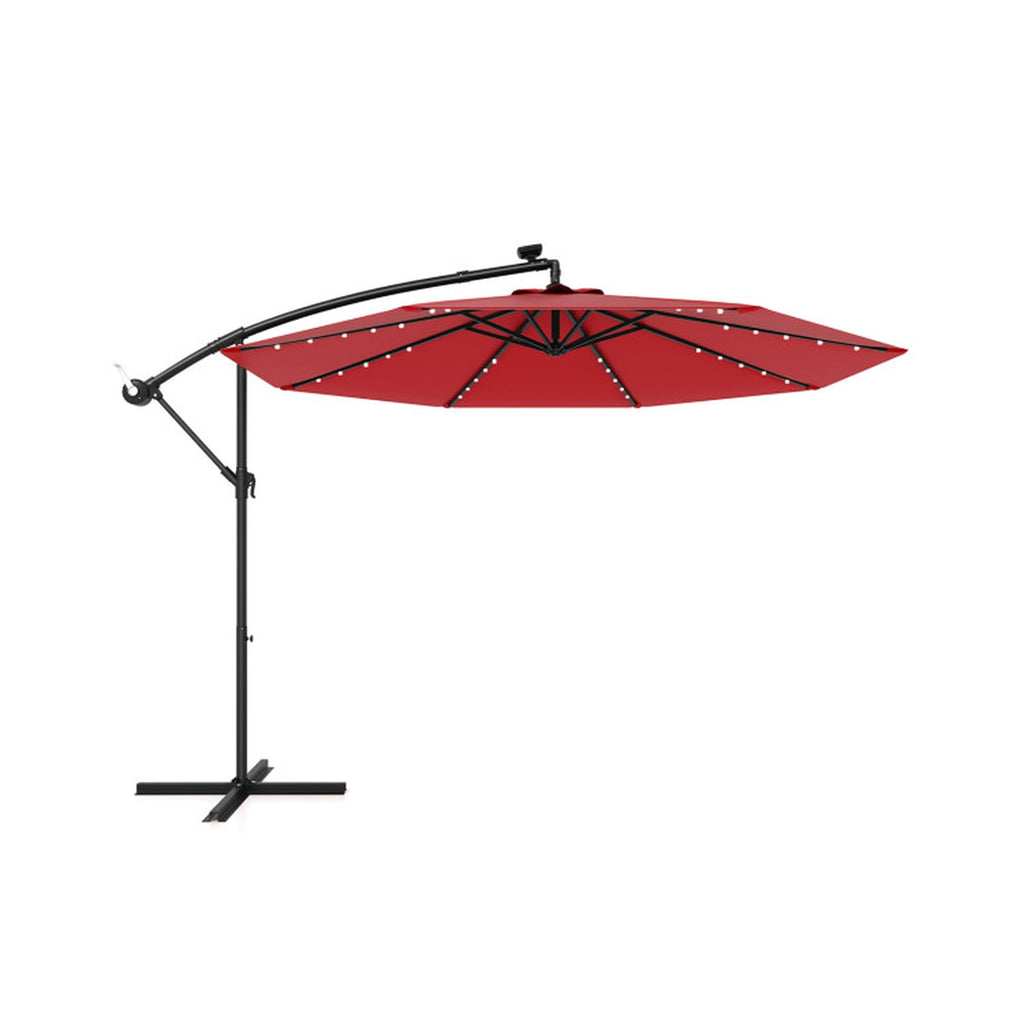 Biotree 10 ft Solar Offset Hanging Umbrella with 40 LED Lights and Cross Base 180G Polyester UV-Resistant Canopy for Outdoor - Wine Red
